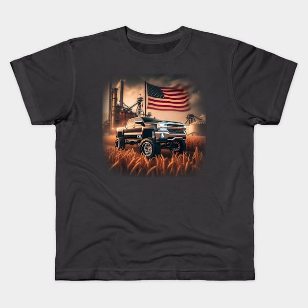 Chevrolet Silverado and The American Flag by Gas Autos Kids T-Shirt by GasAut0s